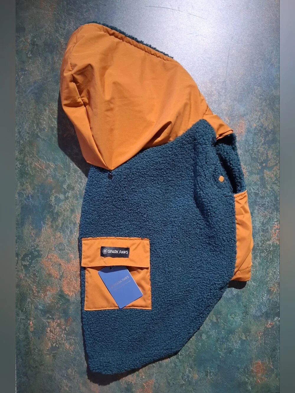 Spark Paws Reversible Sherpa Dog Coat in Green and Orange